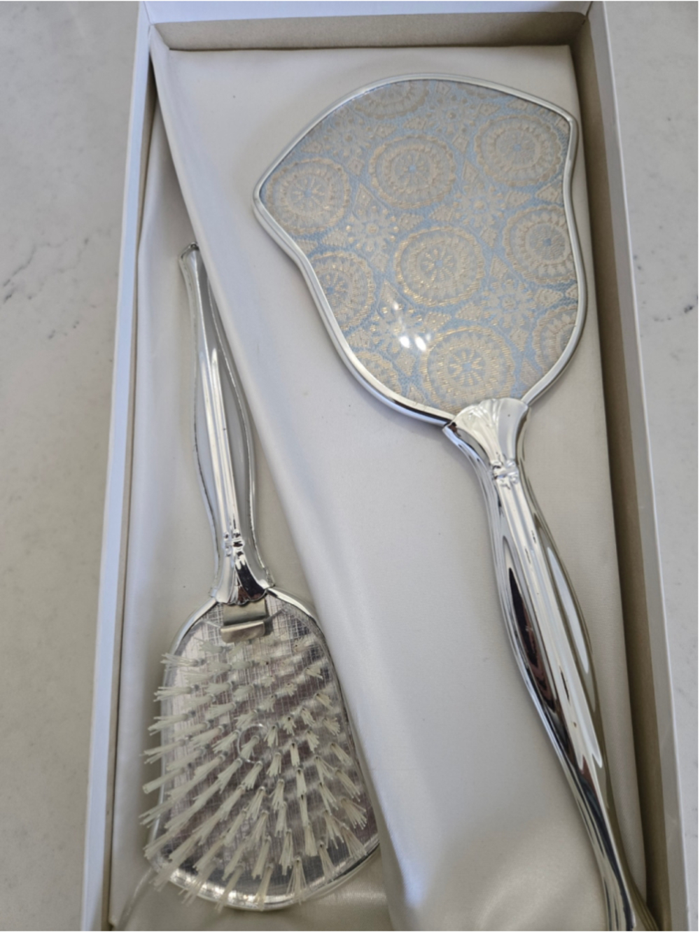 Women's Unbranded Vanity Mirror and Hairbrush Set, One Size, Silver and Blue